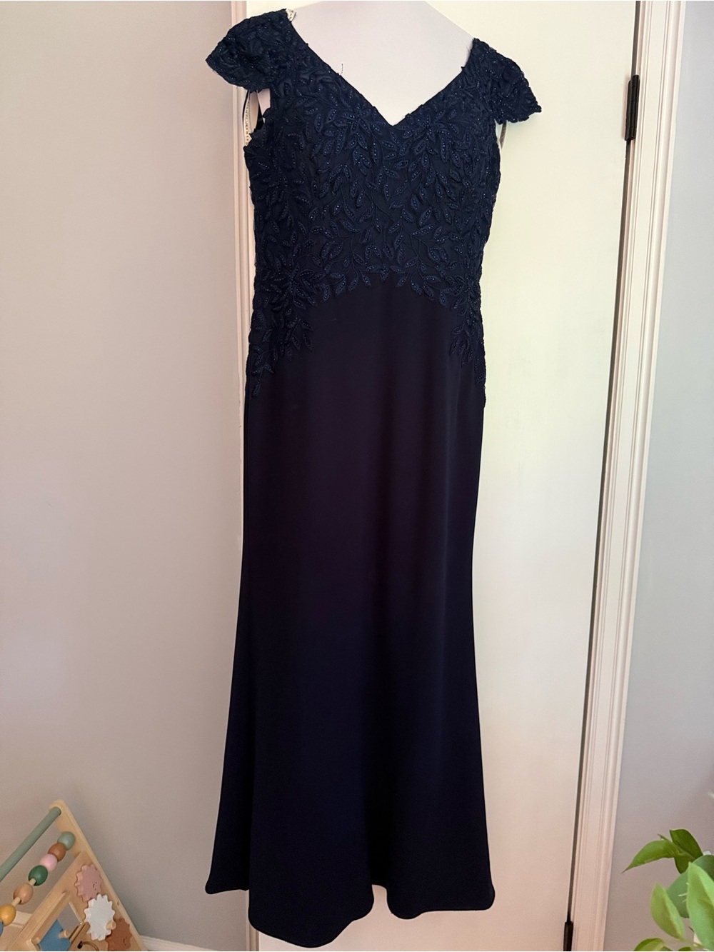 Rina diMontella Navy Beaded Cap-Sleeve Gown